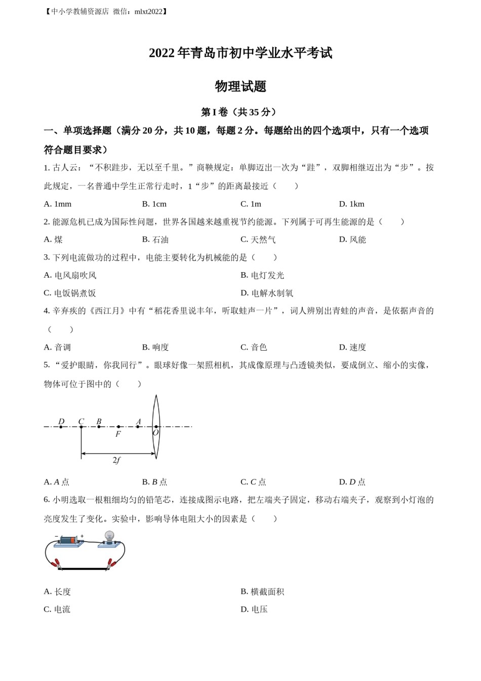 精品解析：2022年山东省青岛市中考物理试题（原卷版）.docx_第1页