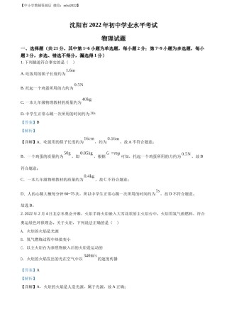 精品解析：2022年辽宁省沈阳市中考物理试题（解析版）.docx