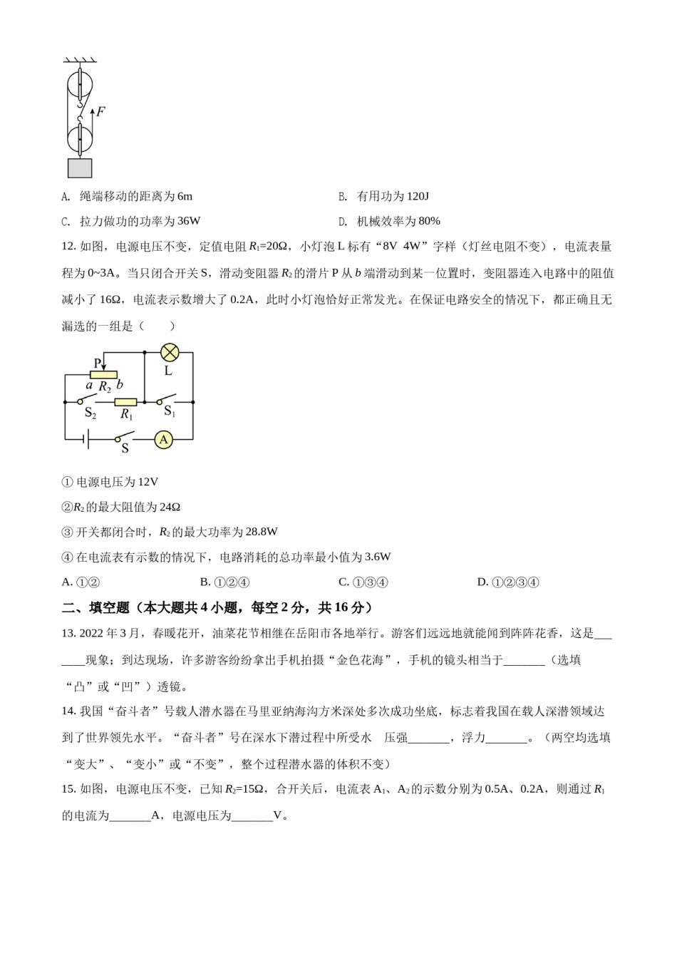 精品解析：2022年湖南省岳阳市中考物理试题（原卷版）.docx_第3页