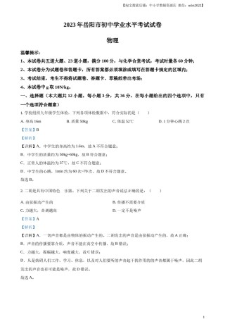 精品解析：2023年湖南省岳阳市中考物理真题（解析版）.docx