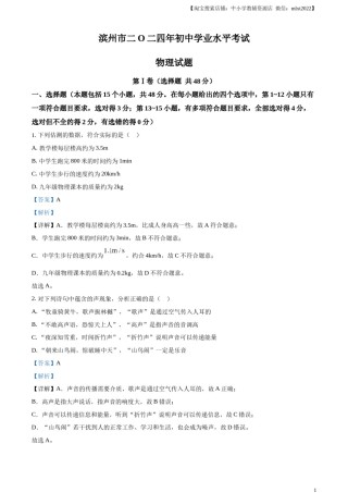 精品解析：2024年山东省滨州市中考物理试题（解析版）.docx