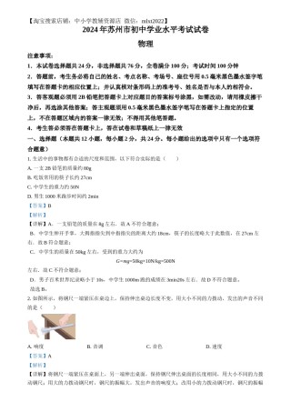 精品解析：2024年江苏省苏州市中考物理真题（解析版）.docx