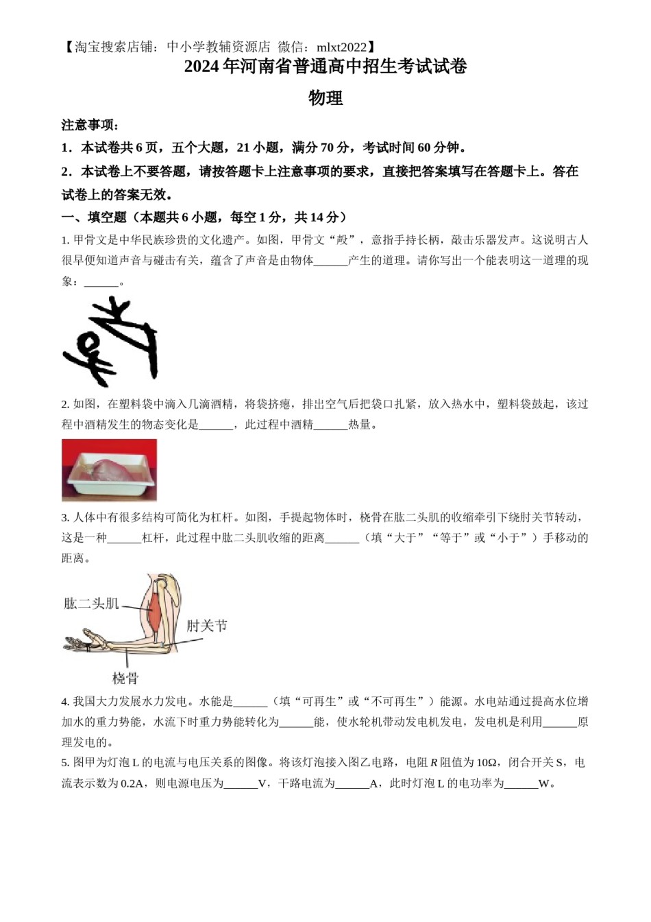 精品解析：2024年河南省中考物理试题（原卷版）.docx_第1页