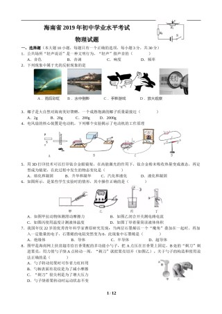 2019年海南中考物理试题及答案.doc