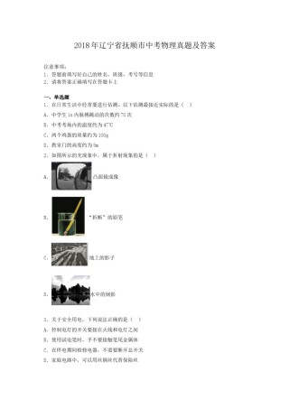 2018年辽宁省抚顺市中考物理真题及答案.doc