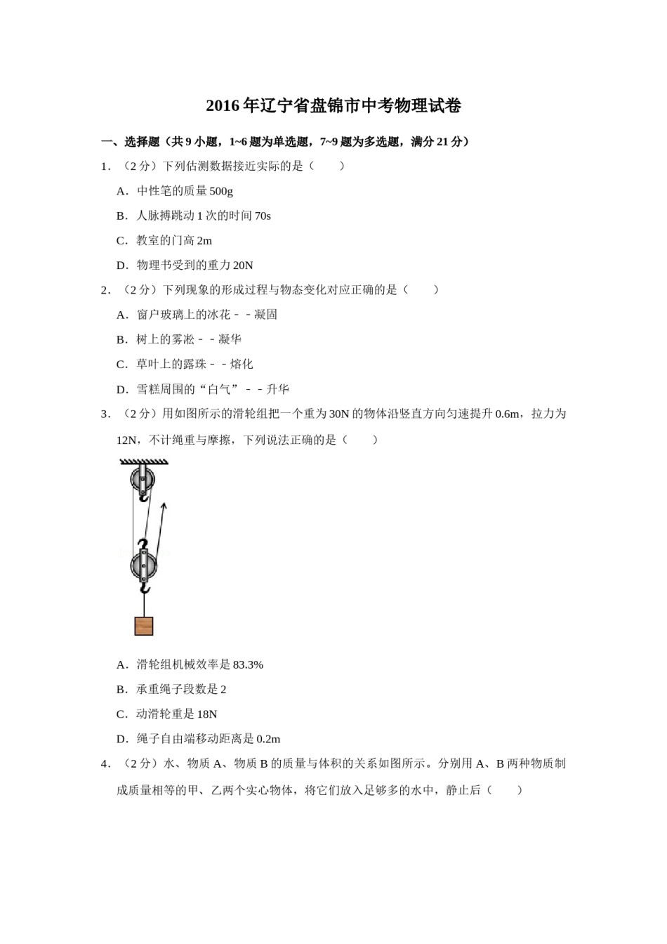 2016年辽宁省盘锦市中考物理试题（空白卷）.docx_第1页