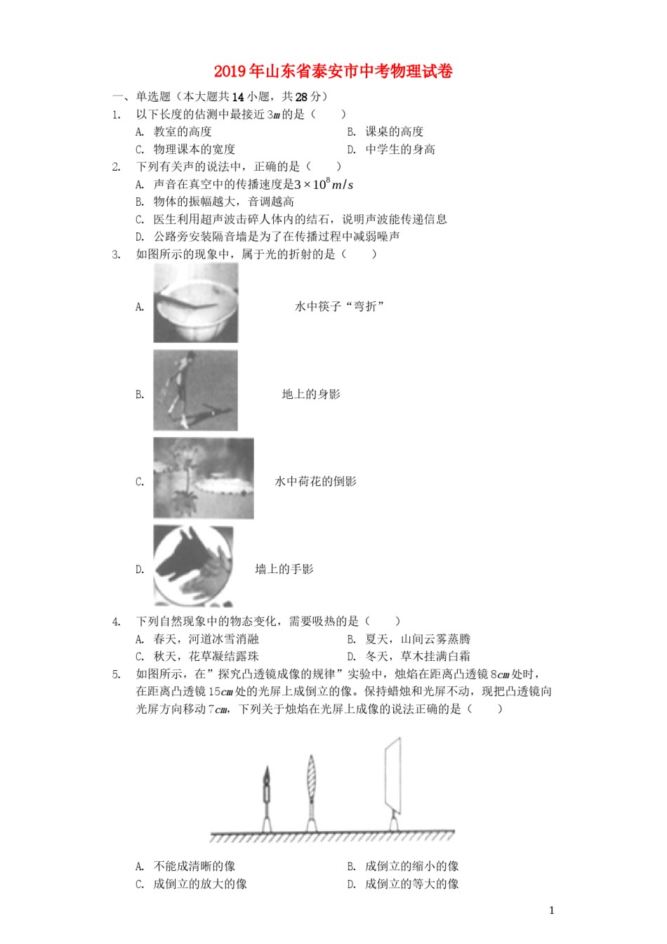 山东省泰安市2019年中考物理真题试题（含解析）.docx_第1页