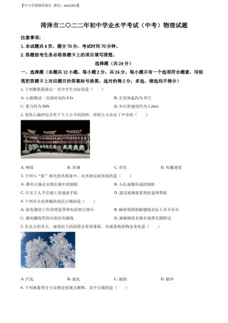 精品解析：2022年山东省菏泽市中考物理试题（原卷版）.docx