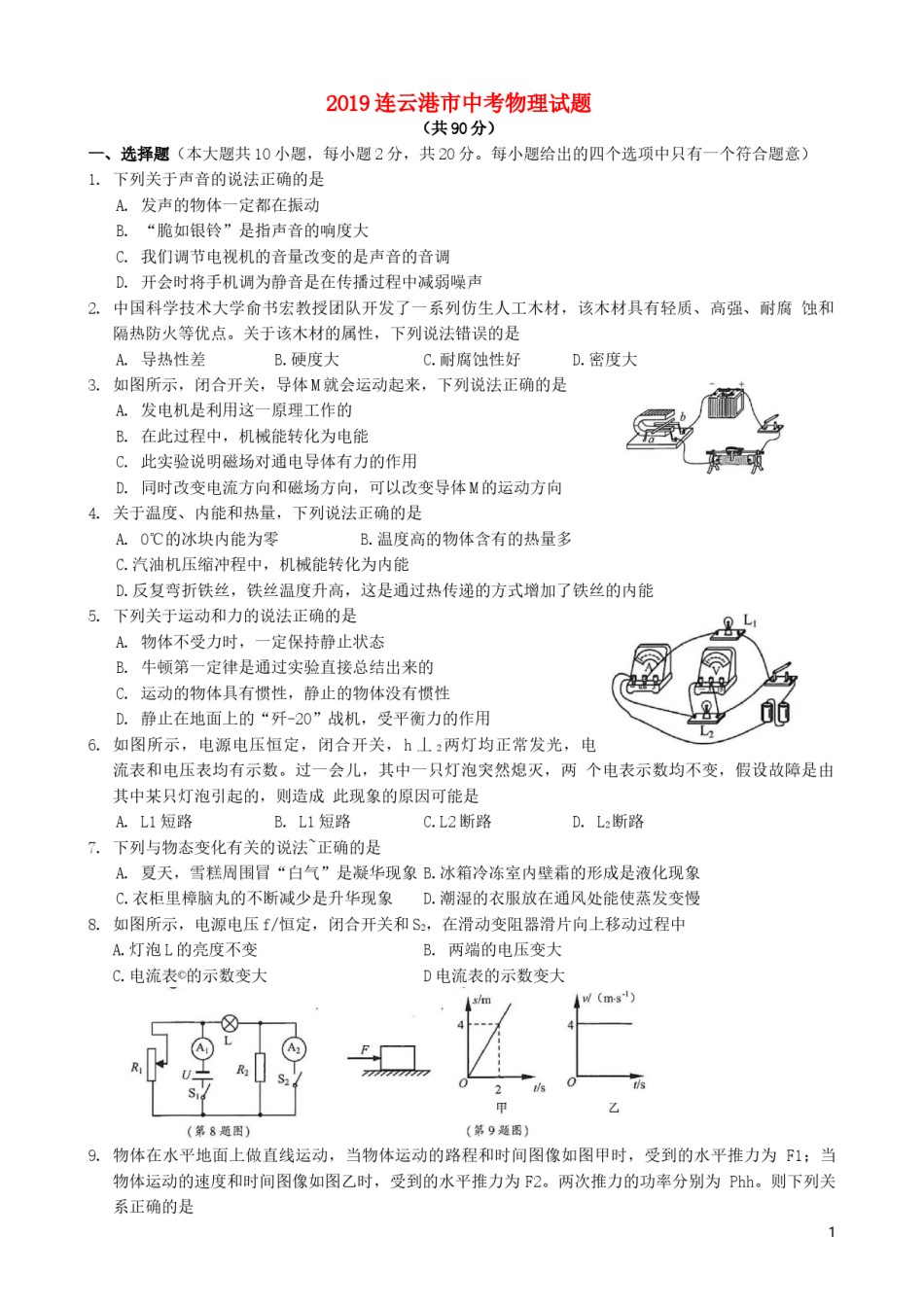 江苏省连云港市2019年中考物理真题试题.docx_第1页