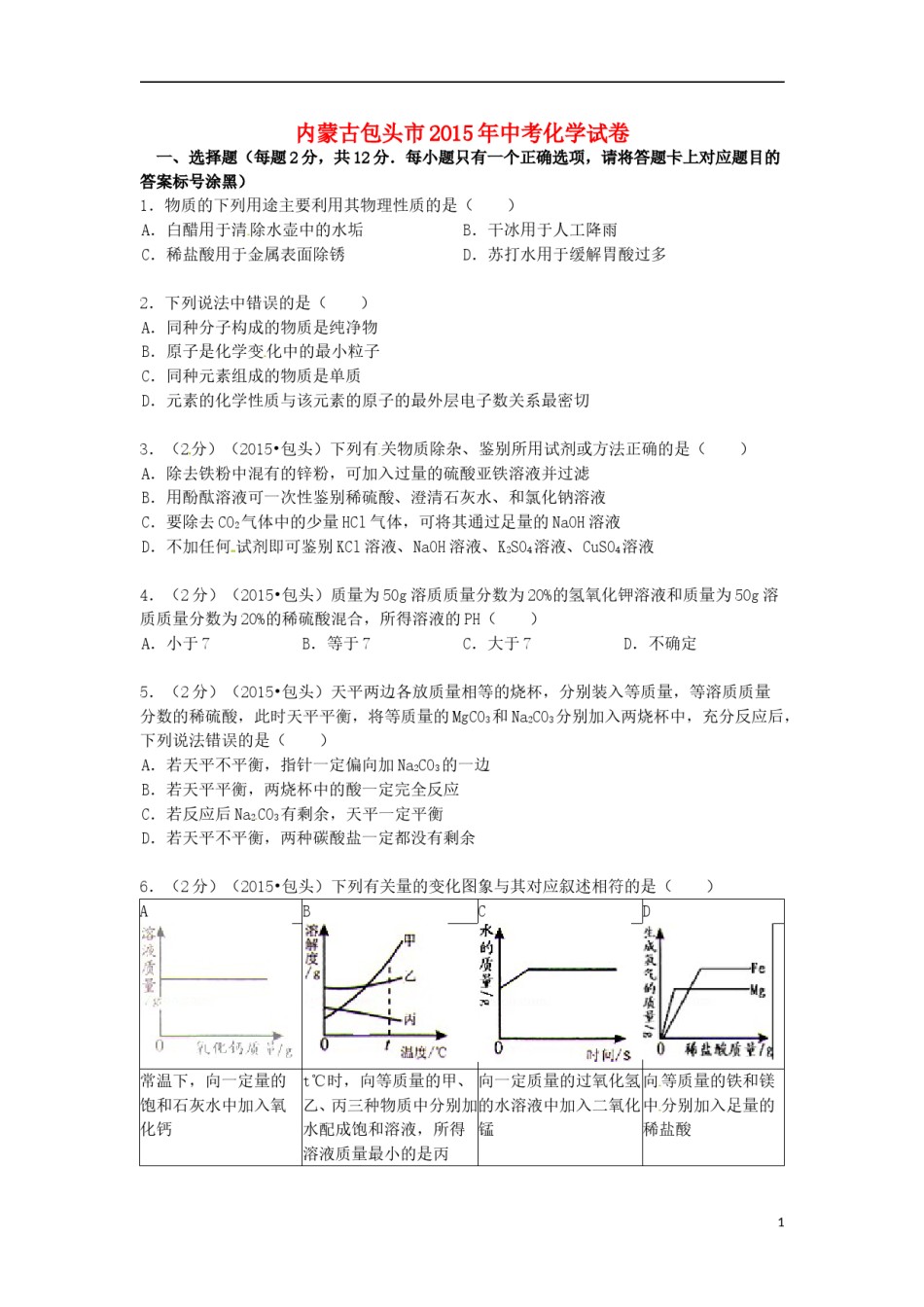 内蒙古包头市、乌兰察布市2015年中考化学真题试题（含答案）.doc_第1页