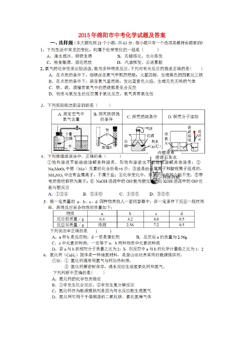 四川省绵阳市2015年中考化学真题试题（扫描版，含答案）.doc_第1页