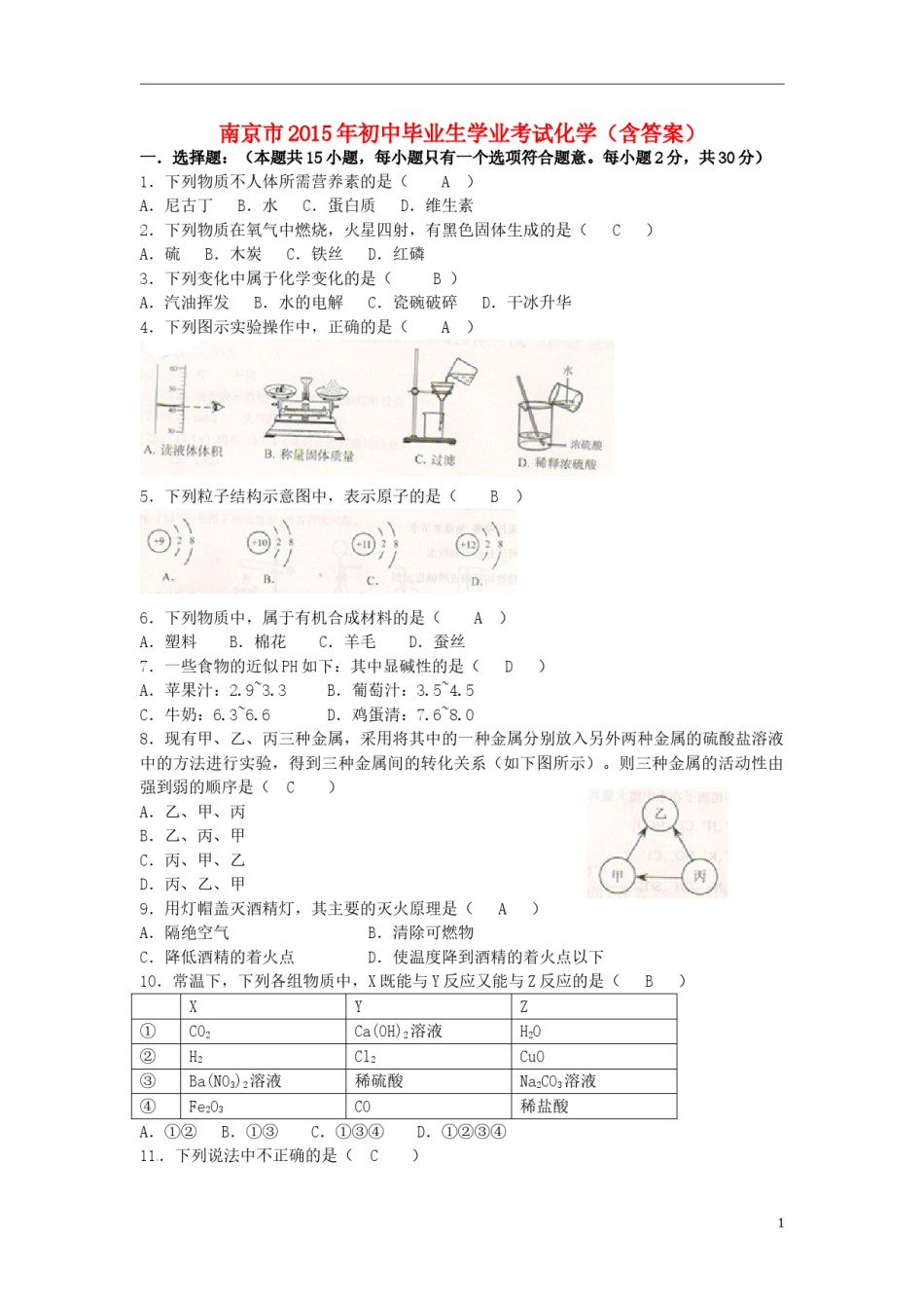 江苏省南京市2015年中考化学真题试题（含答案）.doc_第1页
