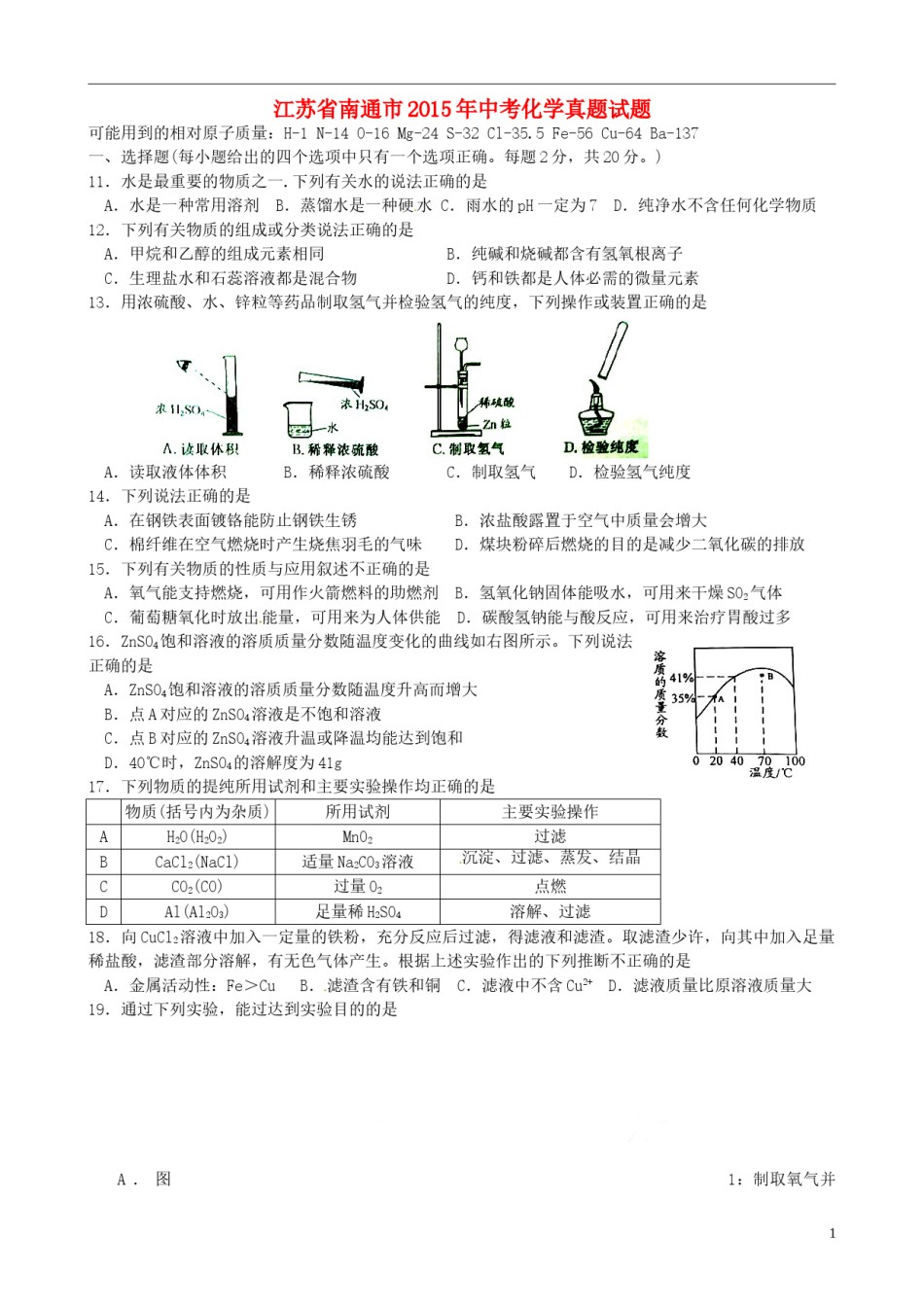 江苏省南通市2015年中考化学真题试题（含扫描答案）.doc_第1页