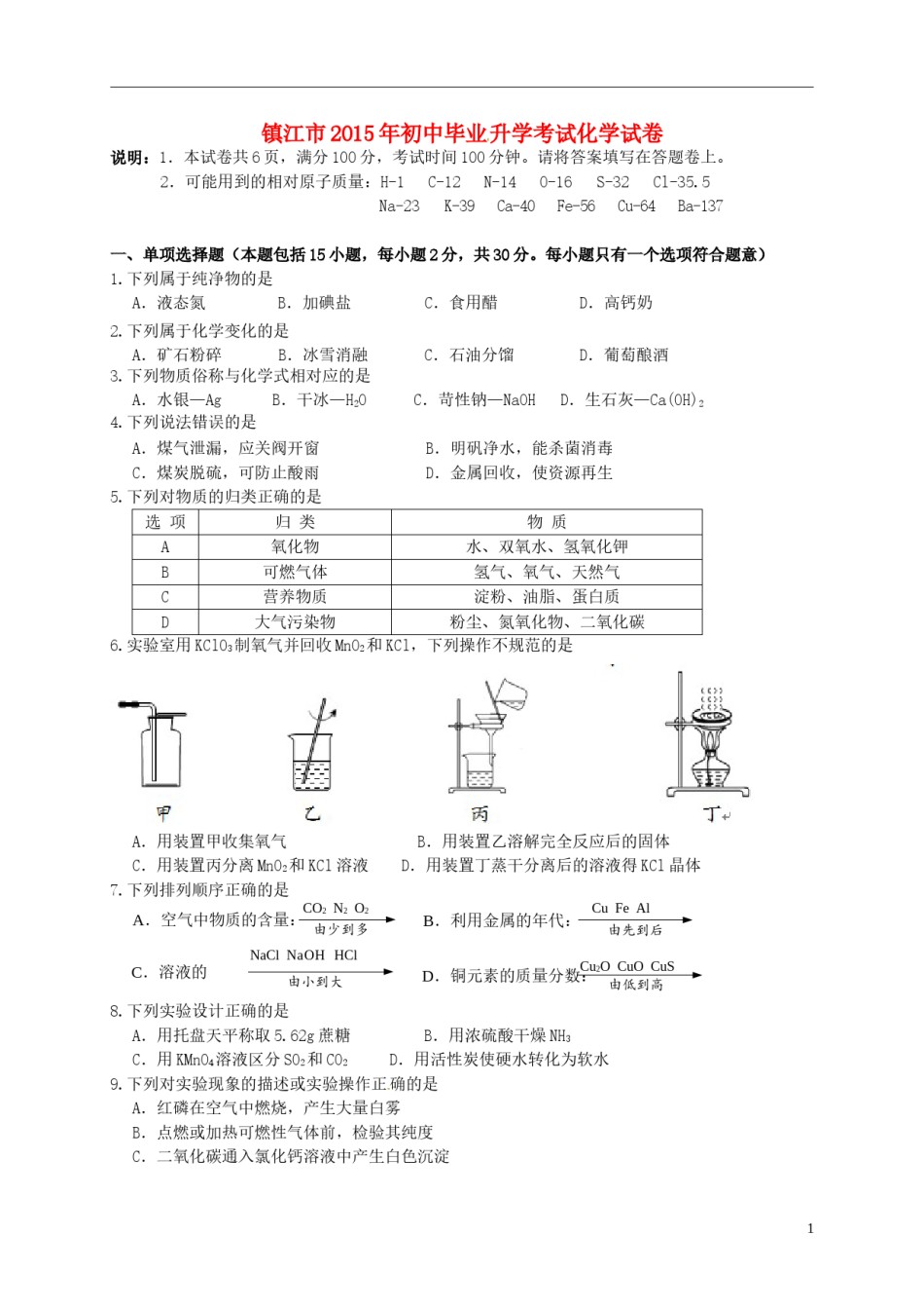 江苏省镇江市2015年中考化学真题试题（含答案）.doc_第1页