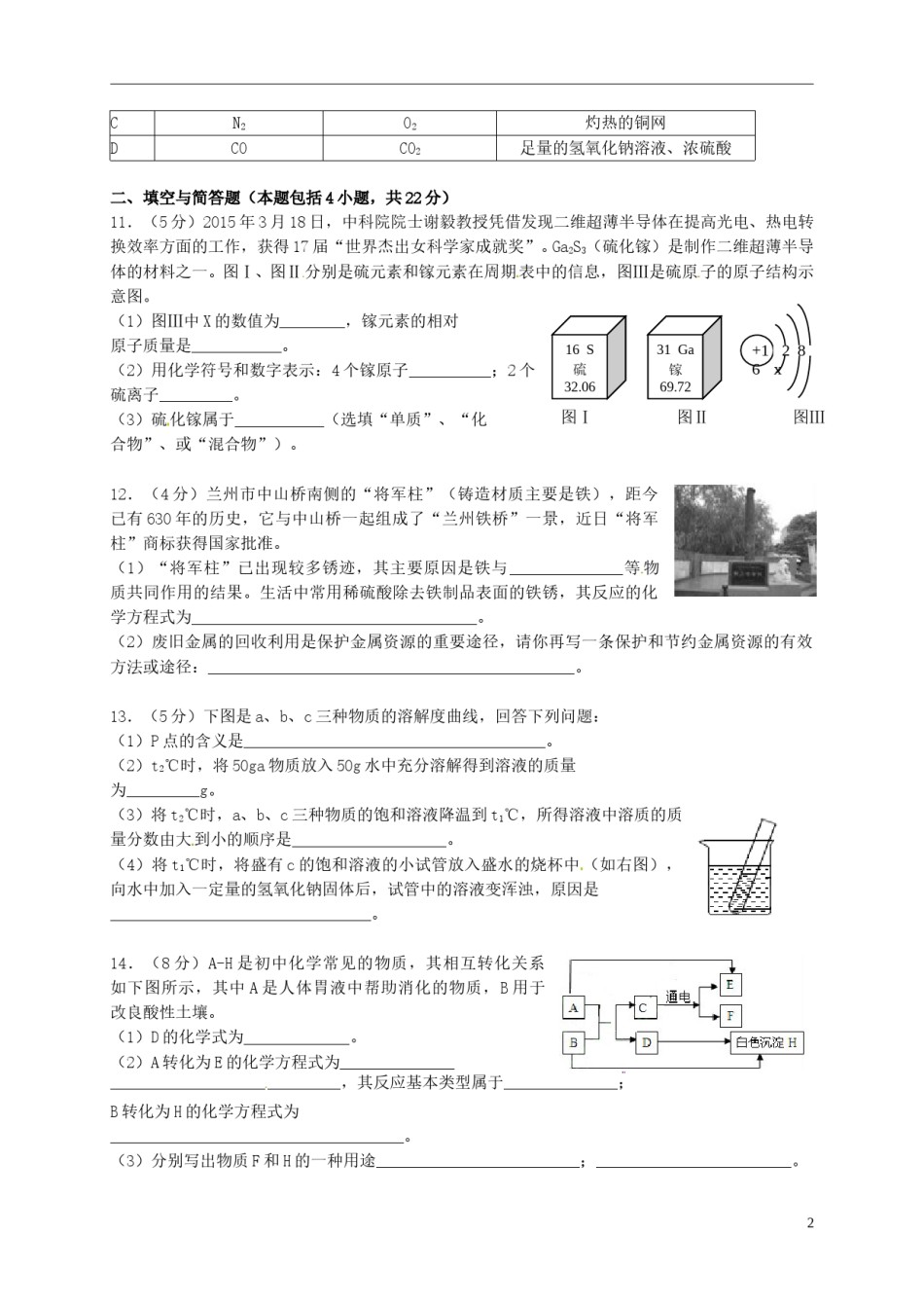 甘肃省武威市、白银市、定西市、平凉市、酒泉市、临夏州2015年中考化学真题试题（含答案）.doc_第2页