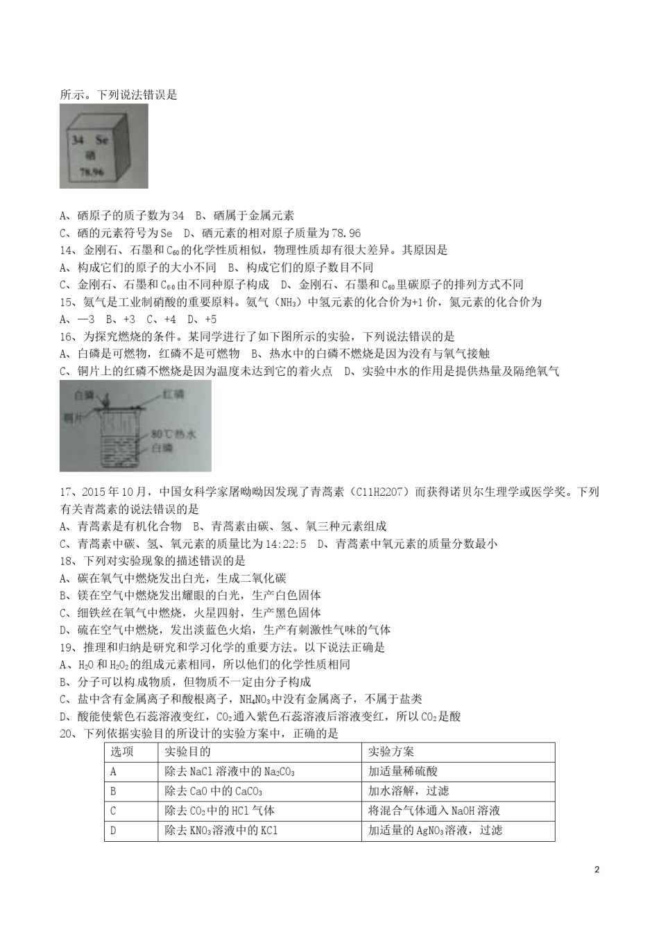 云南省2016年中考化学真题试题（含答案）.DOC_第2页