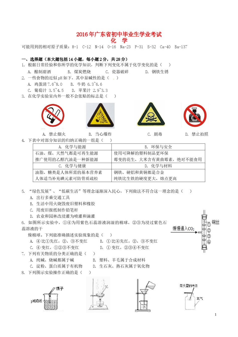 广东省2016年中考化学真题试题（含答案）.DOC_第1页