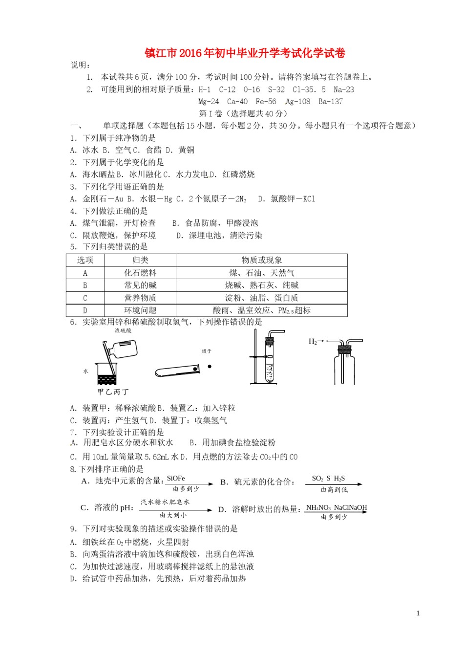 江苏省镇江市2016年中考化学真题试题（含答案）.DOC_第1页