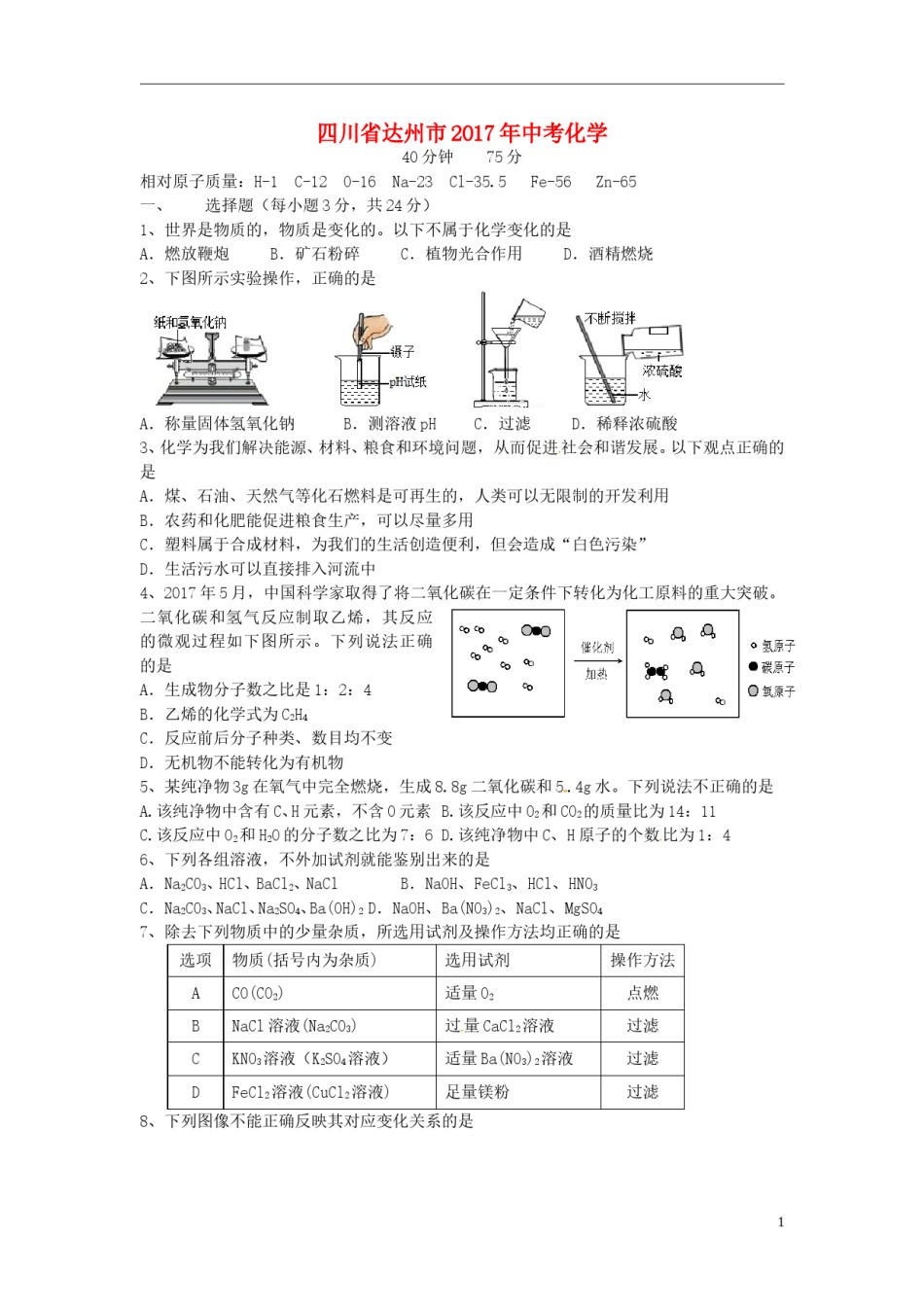四川省达州市2017年中考化学真题试题（含答案）.DOC_第1页