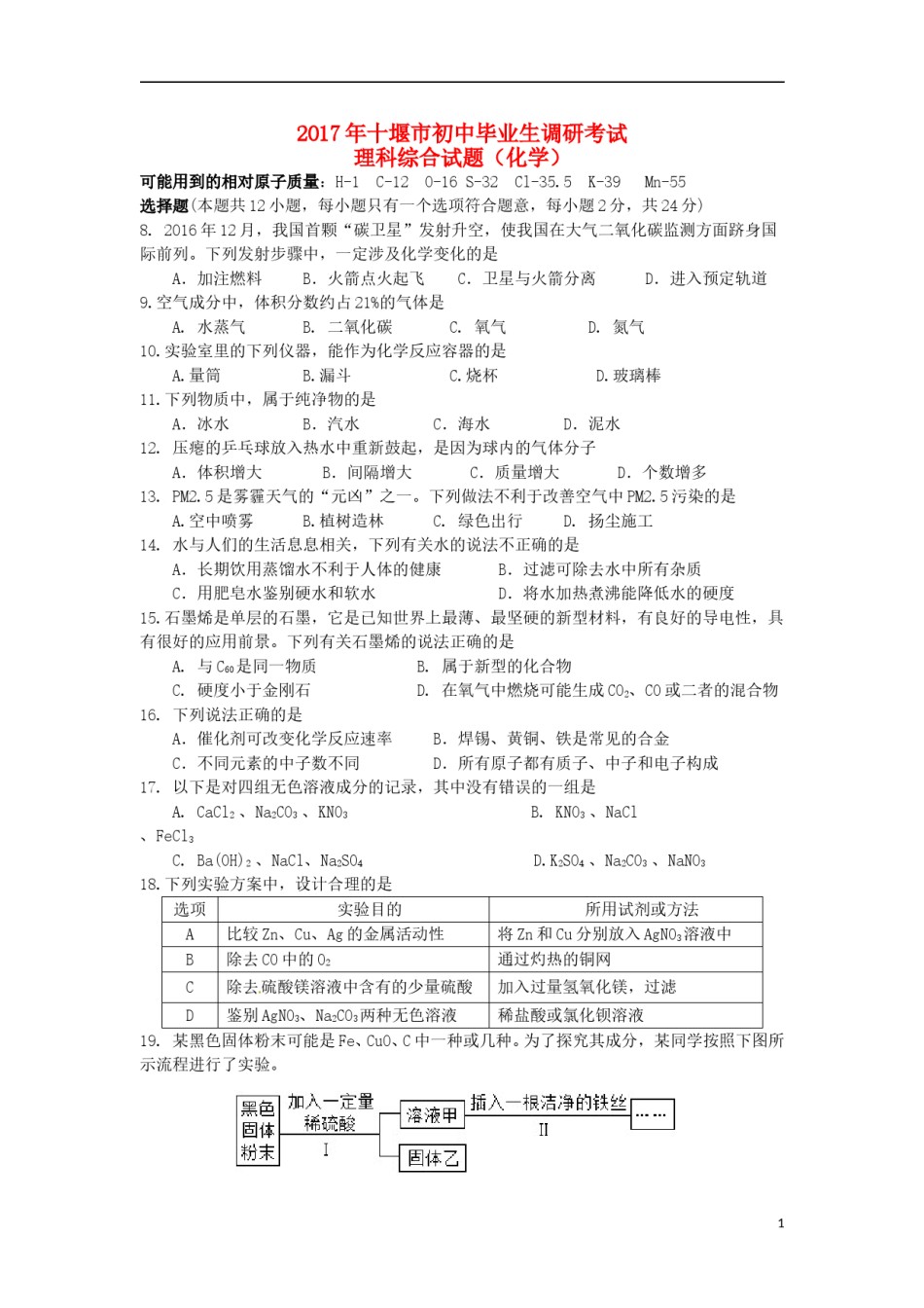 湖北省十堰市2017年中考理综（化学部分）真题试题（含答案）.DOC_第1页