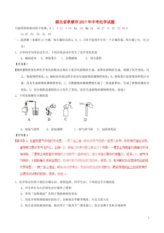 湖北省孝感市2017年中考化学真题试题（含解析）.DOC