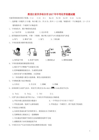 黑龙江省齐齐哈尔市2017年中考化学真题试题（含答案）.DOC
