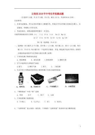 云南省2018年中考化学真题试题（含答案）.doc