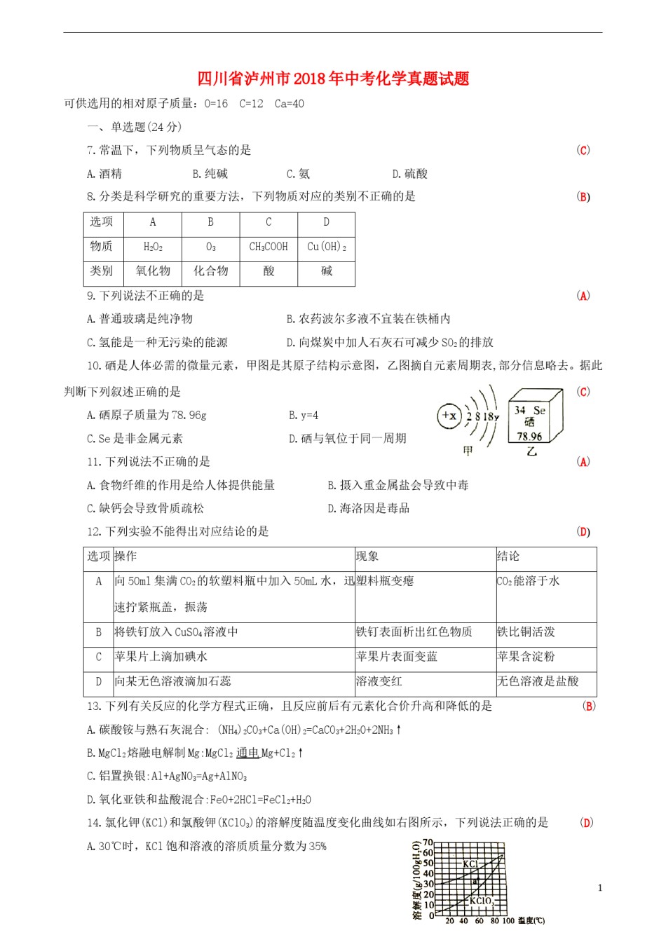 四川省泸州市2018年中考化学真题试题（含答案）.doc_第1页
