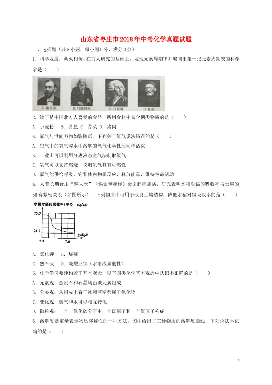 山东省枣庄市2018年中考化学真题试题（含解析）.doc_第1页