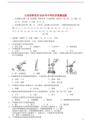 山东省青岛市2018年中考化学真题试题（含答案）.doc