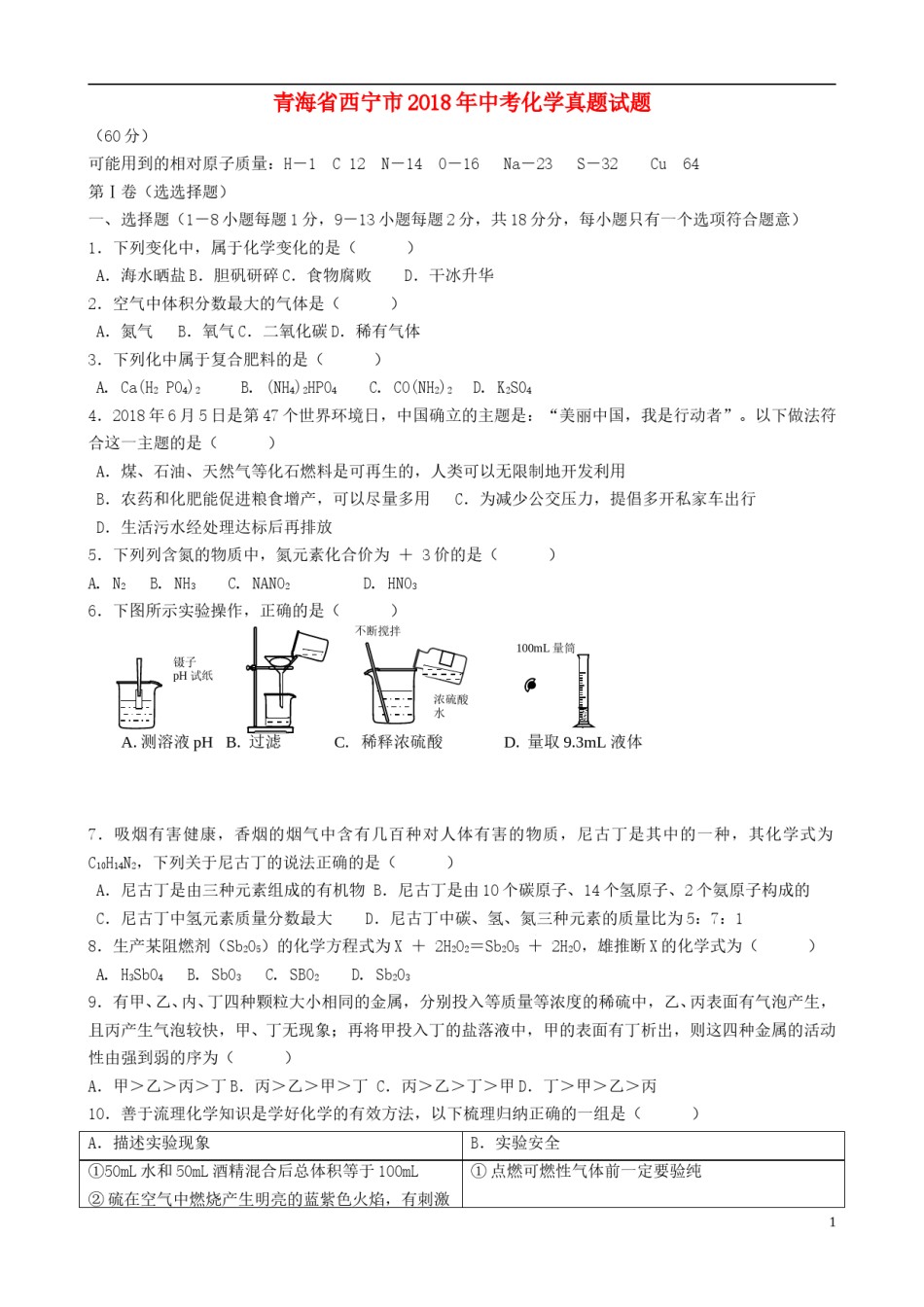 青海省西宁市2018年中考化学真题试题（含答案）.doc_第1页