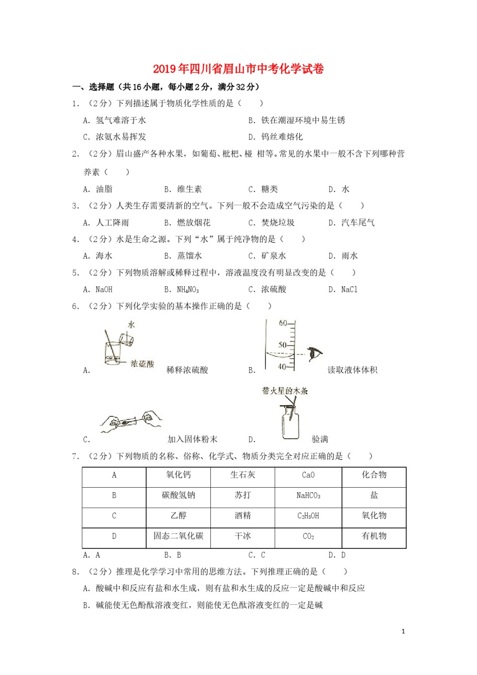 四川省眉山市2019年中考化学真题试题（含解析）.doc_第1页