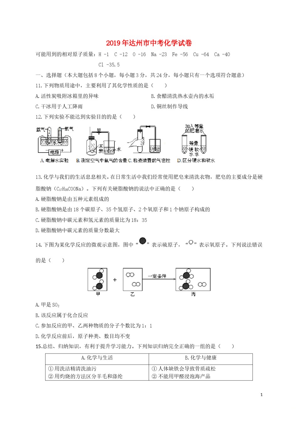 四川省达州市2019年中考化学真题试题.doc_第1页