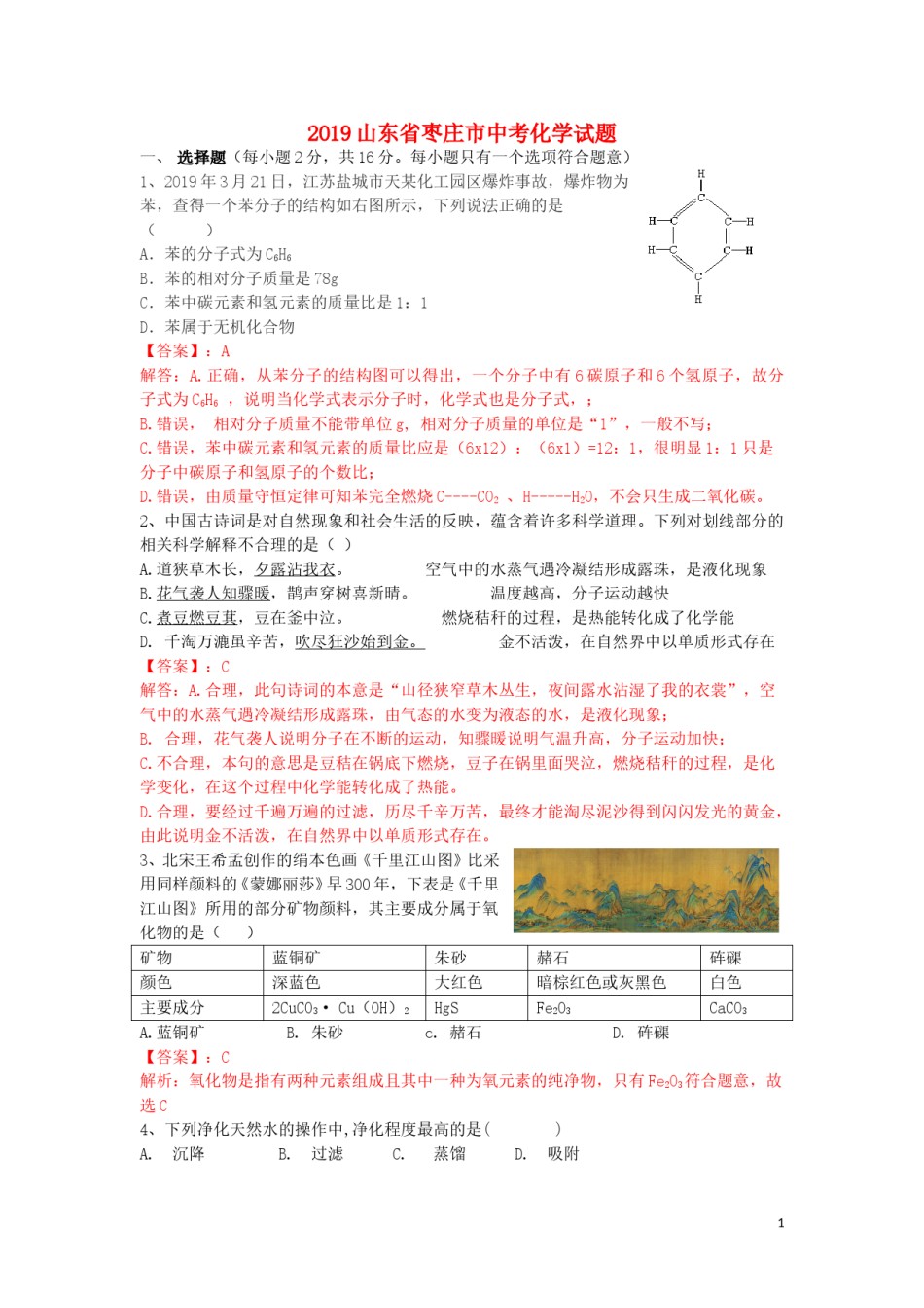 山东省枣庄市2019年中考化学真题试题（含解析）.doc_第1页