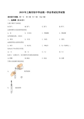 精品解析：上海市2019年中考化学试题（原卷版）.doc