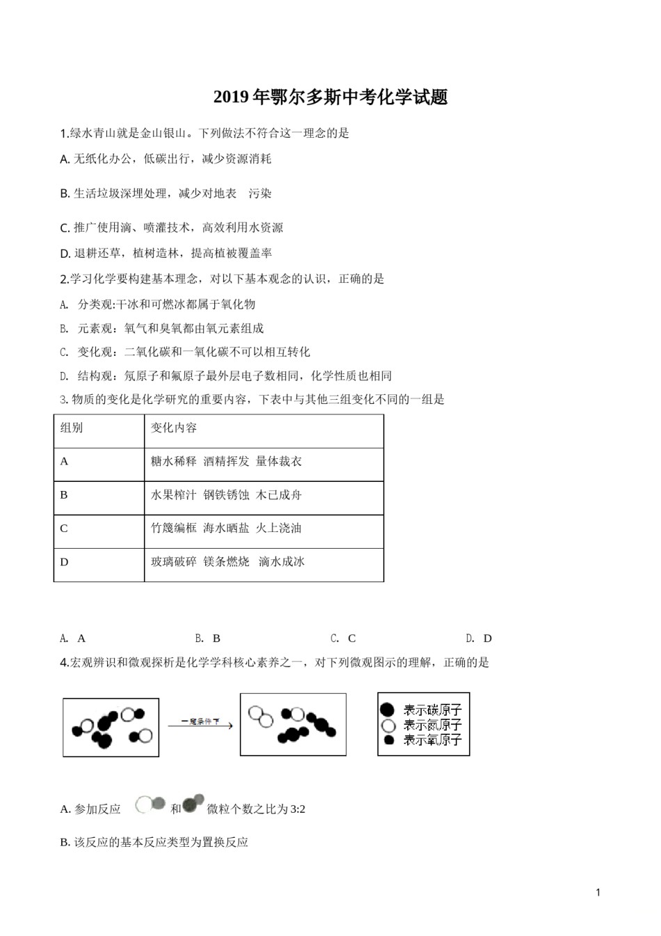 精品解析：内蒙古鄂尔多斯市2019年中考化学试题（原卷版）.doc_第1页