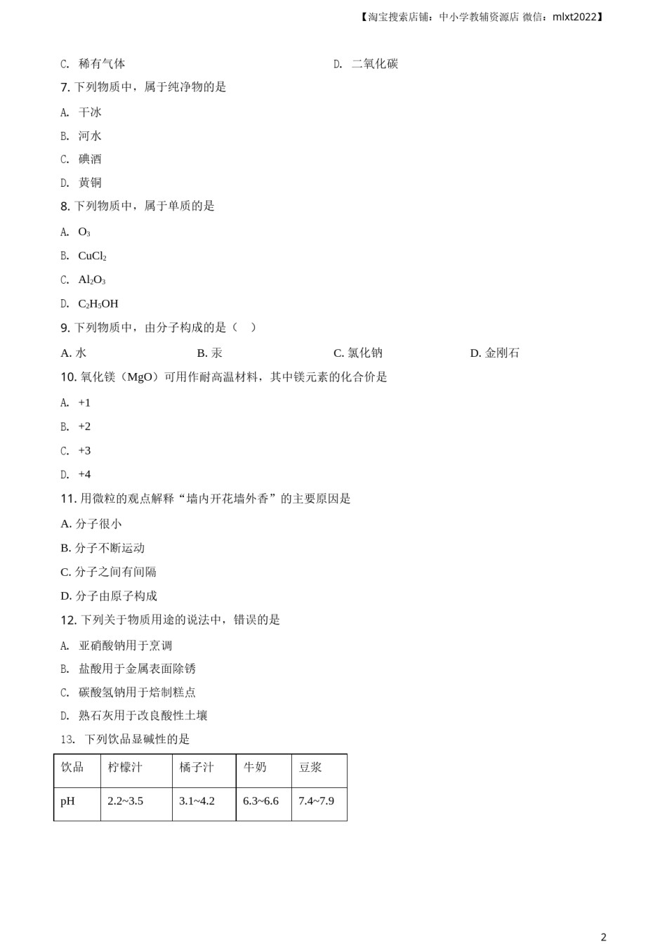 精品解析：辽宁省大连市2020年中考化学试题（原卷版）.doc_第2页