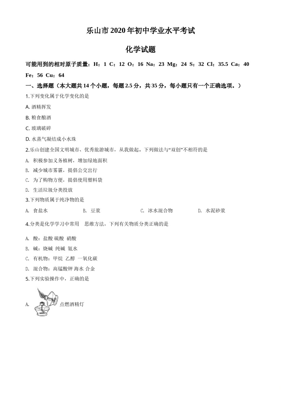 精品解析：四川省乐山市2020年中考化学试题（原卷版）.doc_第1页