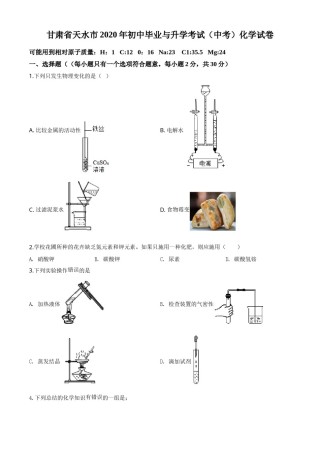 精品解析：甘肃省天水市2020年中考化学试题（原卷版）.doc