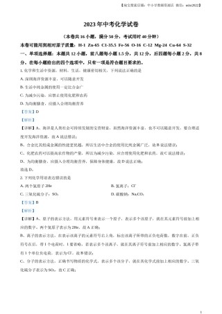 精品解析：2023年广东省深圳市中考化学真题（解析版）.docx
