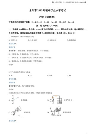 精品解析：2023年湖南省永州市中考化学真题（解析版）.docx