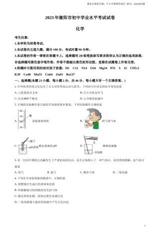 精品解析：2023年湖南省衡阳市中考化学真题（原卷版）.docx