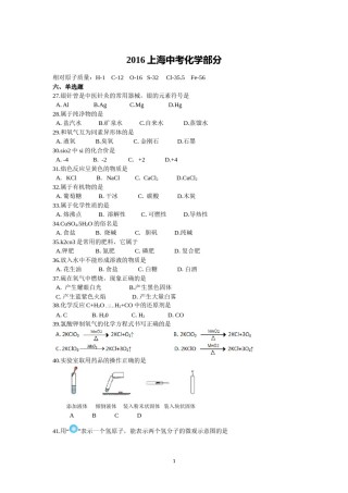 2016年上海市中考化学试题及答案.doc