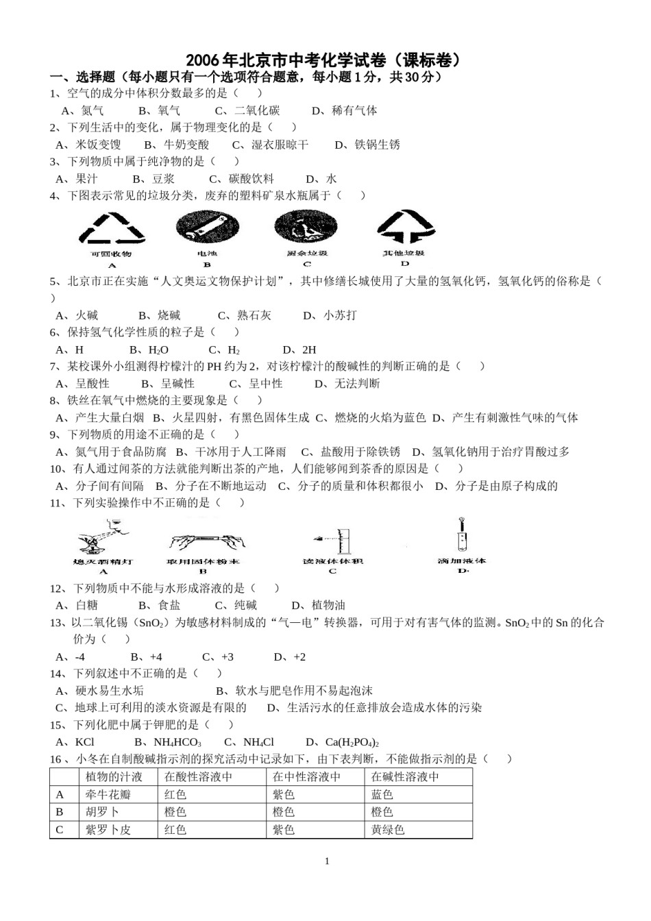 北京市2006年度中考化学真题与答案.doc_第1页