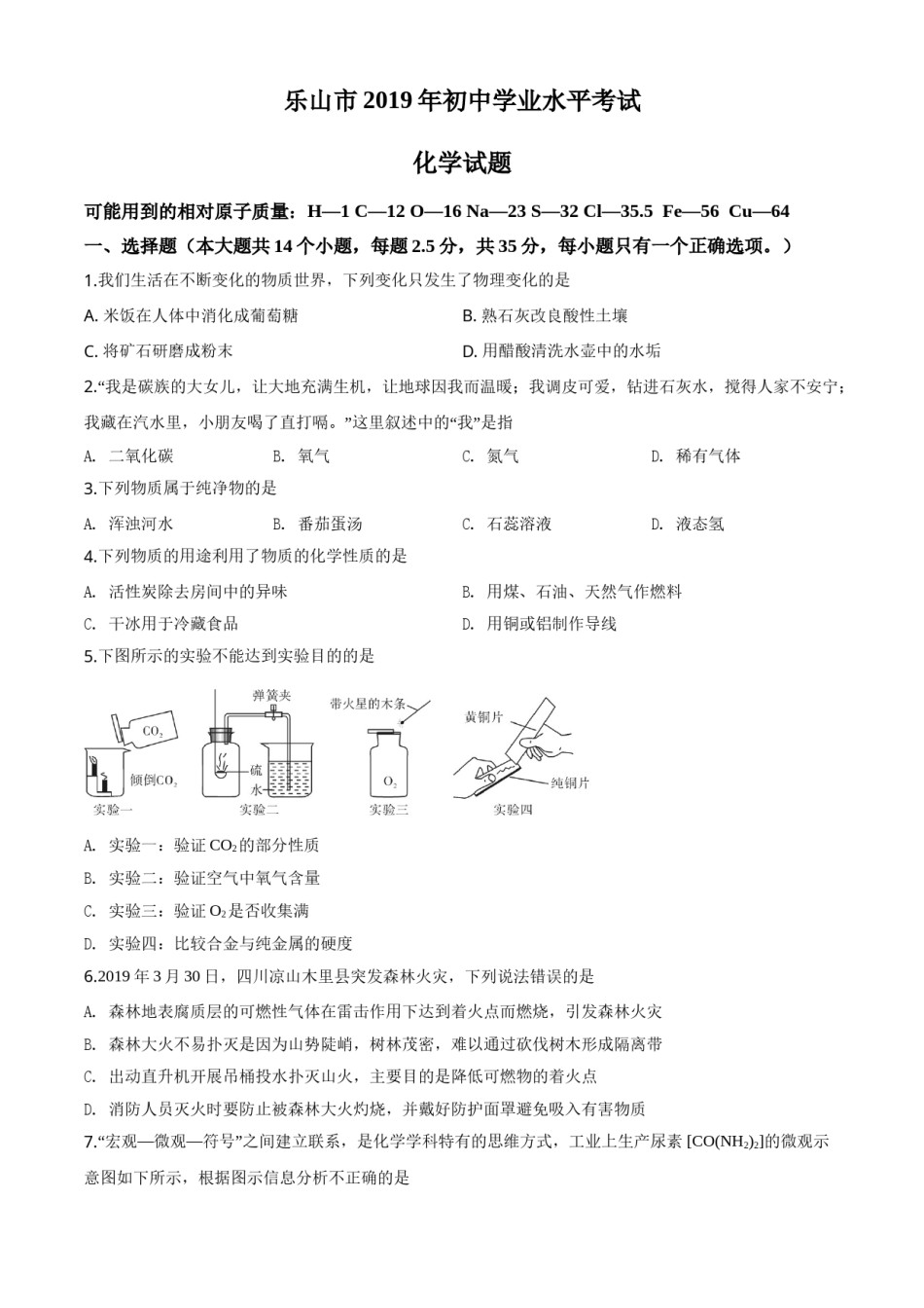 四川省乐山市2019年中考化学试题.doc_第1页