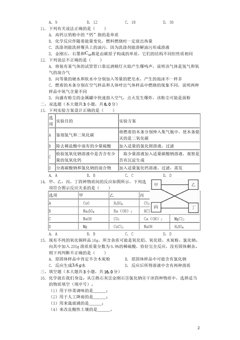 2019年天津市中考化学试题及答案.docx_第2页