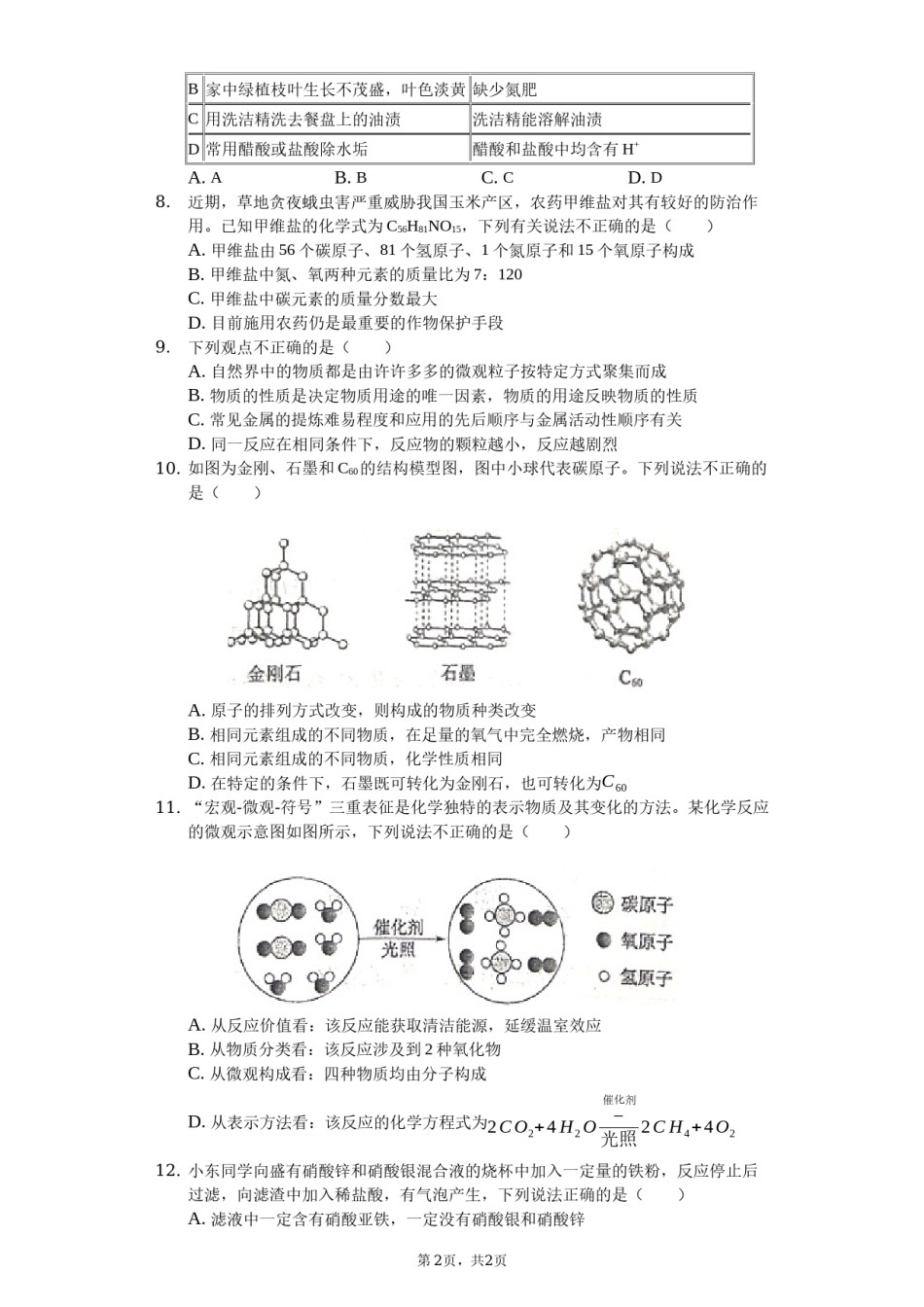 2019年山东省东营市化学中考试题及答案.docx_第2页