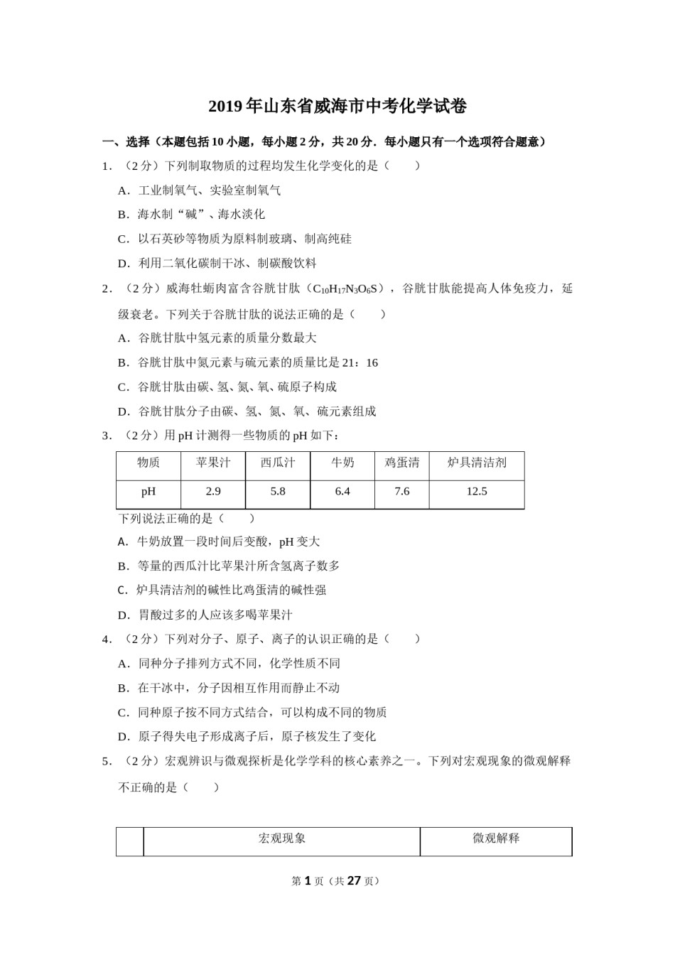 2019年山东省威海市中考化学试卷（含解析版）.doc_第1页