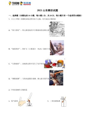 精品解析：山东省潍坊市2021年中考化学试题（原卷版）.doc
