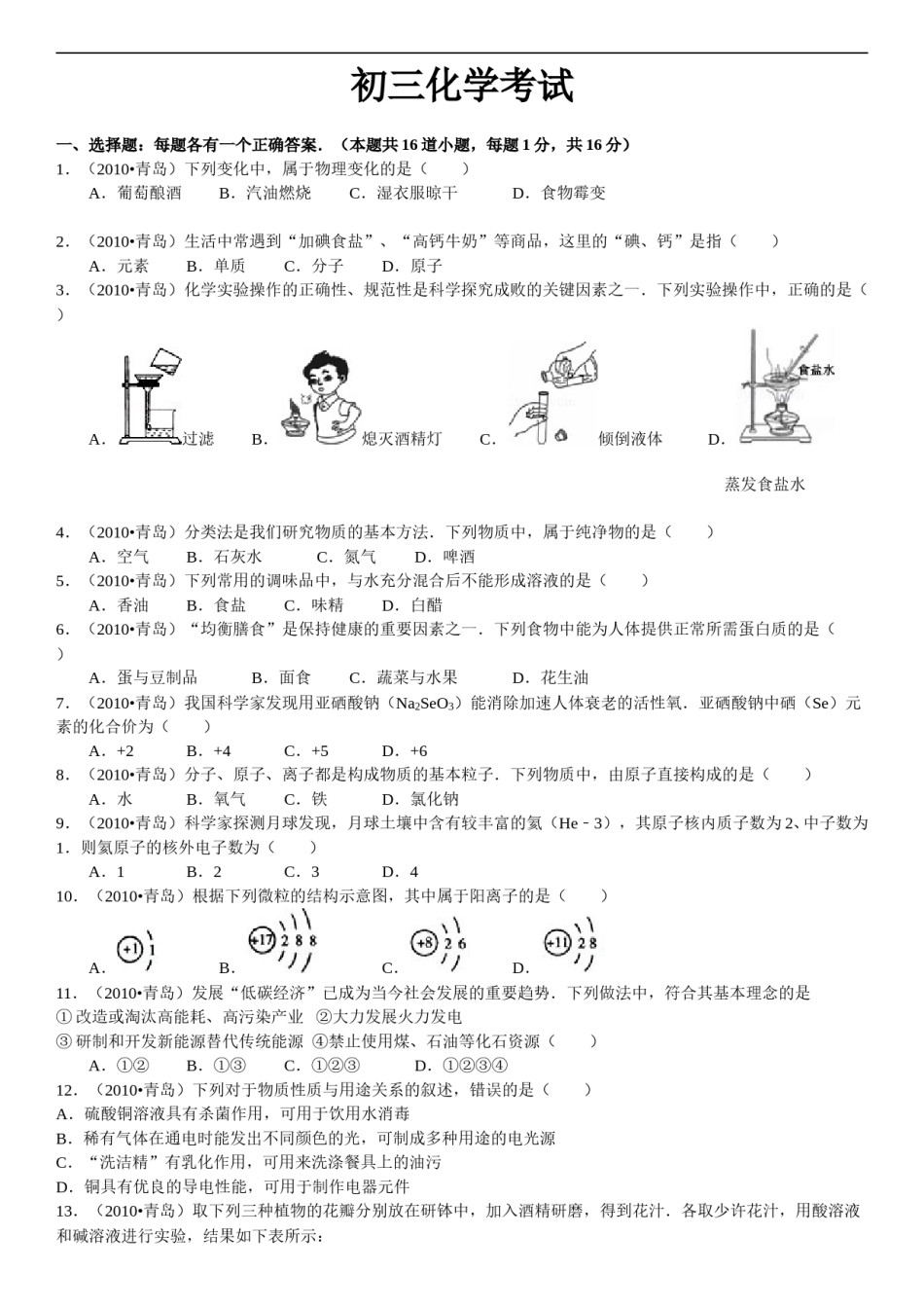2010年山东省青岛市中考化学试题及答案.doc_第1页